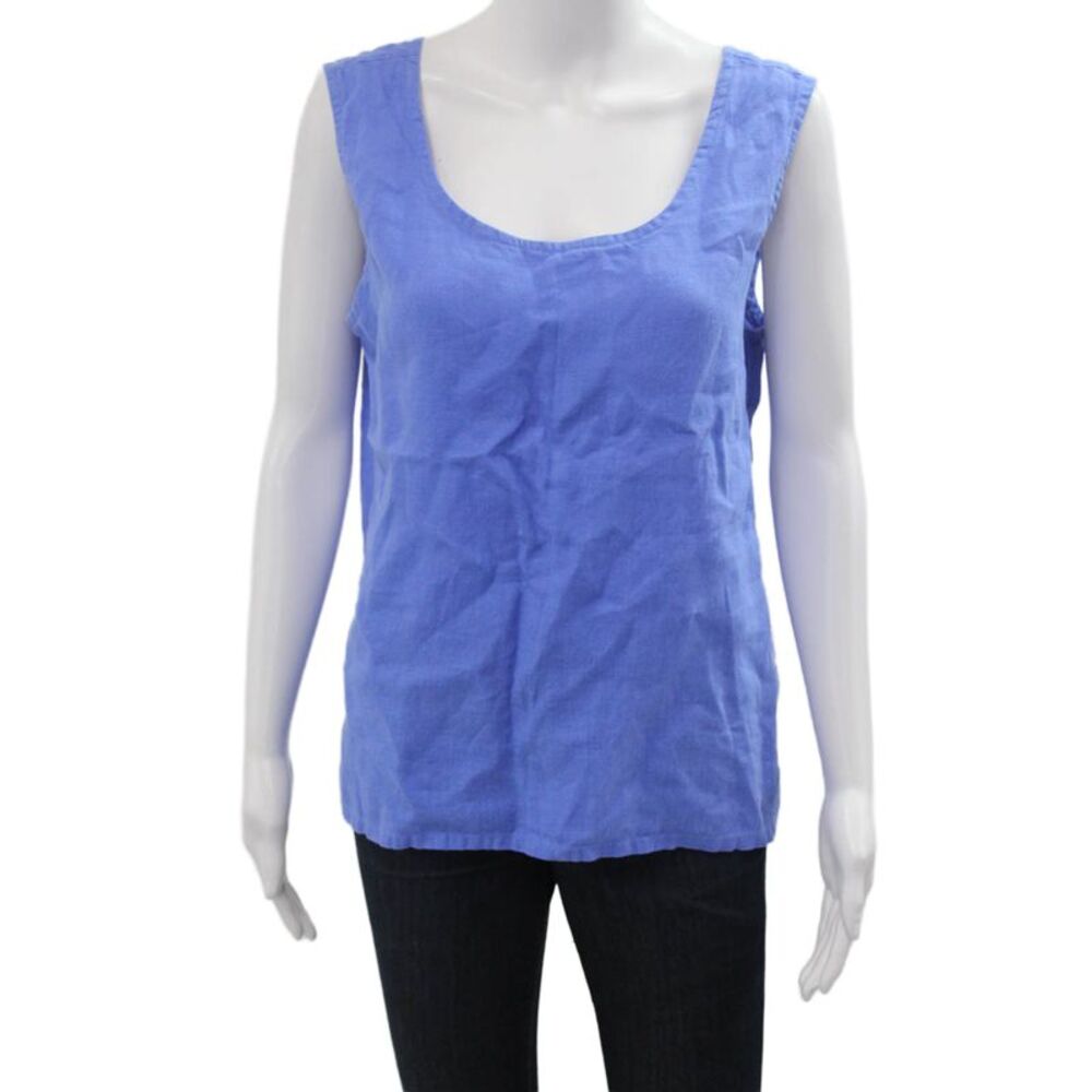 Linen Sea Women Blue Sleeveless Linen Tank Round Neck Basic Beach Top Size M
